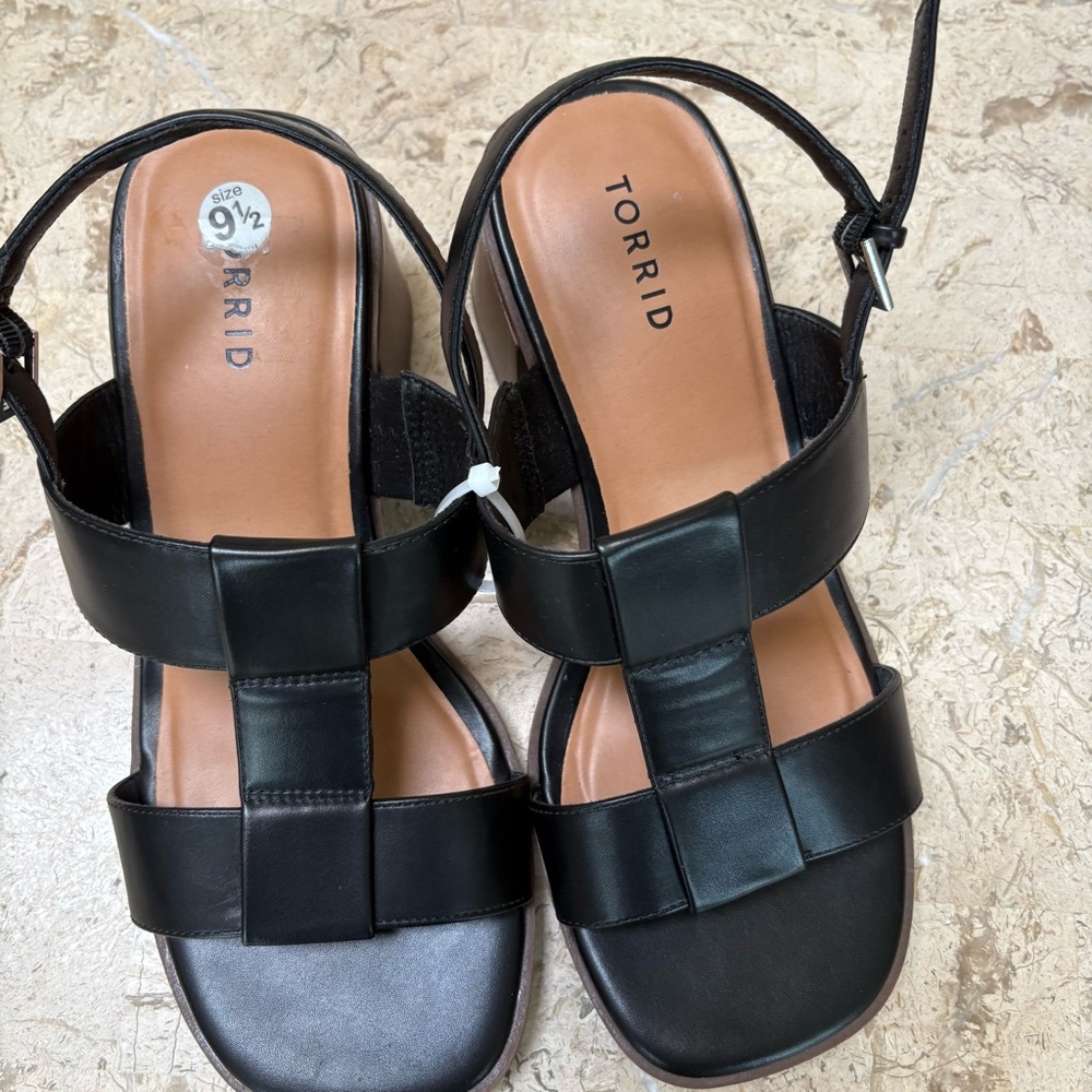 Black Faux Leather Open Toe Block Heel Strap Sandal Extra Wide Size 9.5 WW